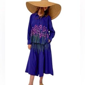 Mii Mona Embroidered Skirt Lavender Royal Blue Sz M Cotton Boho Artsy Peasant